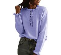 Kanpola Pull élégant à manches longues pour femme avec volants, col en V, bouton en tricot, mode ample, Violet, XL