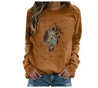 Kanpola Pull pour femme avec imprimé chouette - Col rond - Manches longues - Printemps été - Mode décontractée - Streetwear, B - Marron, L