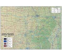 Kansas, Oklahoma, Missouri et Arkansas Physical Poster Map - 58,3 x 41,5 cm - Papier laminé