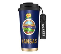 Kansas State Flag Bouteilles d'eau isothermes en acier inoxydable pour homme et femme avec couvercle à pailles anti-fuite Noir
