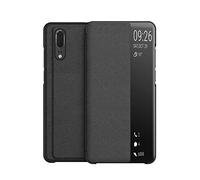 KANSi Coque Compatible pour Huawei P20, Smart View Flip Faux Cuir Coque + Protection Ecran - Noir