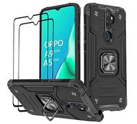 KANSI Coque Compatible pour Oppo A9 2020 / A5 2020, Verre Trempé [2 Pièces] Housse TPU Silicone Rotation 360° Aimant Anneau Support Double Défense Protection Etui pour Oppo A9 2020/A5 2020 - Noir