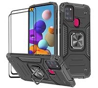 KANSI Coque Compatible pour Samsung Galaxy A21S, Verre Trempé [2 Pièces] Housse TPU Silicone Rotation 360° Aimant Anneau Support Double Défense Protection Etui pour Samsung A21S - Noir