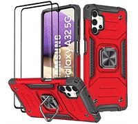 KANSi Coque Compatible pour Samsung Galaxy A32 5G, Verre Trempé [2 Pièces] Housse TPU Silicone Rotation 360° Aimant Anneau Support Double Défense Protection Etui pour Samsung A32 5G - Rouge