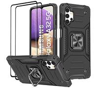 KANSi Coque Compatible pour Samsung Galaxy A32 5G, Verre Trempé [2 Pièces] Housse TPU Silicone Rotation 360° Aimant Anneau Support Double Défense Protection Etui pour Samsung A32 5G - Noir