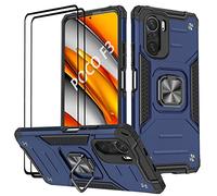KANSI Coque Compatible pour Xiaomi POCO F3 ｜ Xiaomi Mi 11i, Verre Trempé [2 Pièces] Housse TPU Silicone Rotation 360° Aimant Anneau Support Double Défense Protection Etui - Bleu