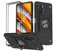 KANSI Coque Compatible pour Xiaomi POCO F3 ｜ Xiaomi Mi 11i, Verre Trempé [2 Pièces] Housse TPU Silicone Rotation 360° Aimant Anneau Support Double Défense Protection Etui - Noir