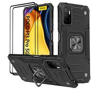 KANSI Coque Compatible pour Xiaomi POCO M3 Pro 5G / Redmi Note 10 5G, Verre Trempé [2 Pièces] + Housse TPU Silicone Rotation 360° Aimant Anneau Support Double Défense - Noir