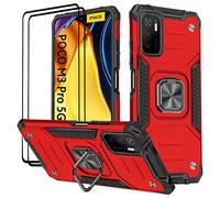 KANSI Coque Compatible pour Xiaomi POCO M3 Pro 5G / Redmi Note 10 5G, Verre Trempé [2 Pièces] + Housse TPU Silicone Rotation 360° Aimant Anneau Support Double Défense - Rouge