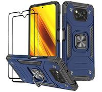 KANSI Coque Compatible pour Xiaomi POCO X3 NFC/POCO X3 Pro, Verre Trempé [2 Pièces] Housse TPU Silicone Rotation 360° Aimant Anneau Support Double Défense Protection Etui - Bleu
