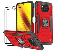 KANSI Coque Compatible pour Xiaomi POCO X3 NFC/POCO X3 Pro, Verre Trempé [2 Pièces] Housse TPU Silicone Rotation 360° Aimant Anneau Support Double Défense Protection Etui - Rouge