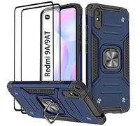 KANSi Coque Compatible pour Xiaomi Redmi 9A / 9AT, Verre Trempé [2 Pièces] Housse TPU Silicone Rotation 360° Aimant Anneau Support Double Défense Protection Etui pour Redmi 9A - Bleu