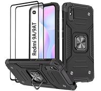KANSi Coque Compatible pour Xiaomi Redmi 9A / 9AT, Verre Trempé [2 Pièces] Housse TPU Silicone Rotation 360° Aimant Anneau Support Double Défense Protection Etui pour Redmi 9A - Noir