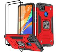 KANSI Coque Compatible pour Xiaomi Redmi 9C NFC/Redmi 9C, Verre Trempé [2 Pièces] Housse TPU Silicone Rotation 360° Aimant Anneau Support Double Défense Protection Etui - Rouge