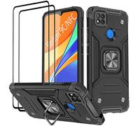 KANSI Coque Compatible pour Xiaomi Redmi 9C NFC/Redmi 9C, Verre Trempé [2 Pièces] Housse TPU Silicone Rotation 360° Aimant Anneau Support Double Défense Protection Etui - Noir