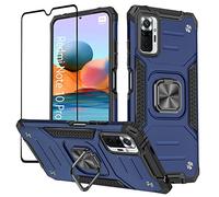 KANSI Coque Compatible pour Xiaomi Redmi Note 10 Pro, Verre Trempé + Housse TPU Silicone Rotation 360° Aimant Anneau Support Double Défense Protection Etui pour Redmi Note 10 Pro - Bleu
