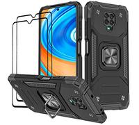KANSI Coque Compatible pour Xiaomi Redmi Note 9 Pro/Redmi Note 9S, Verre Trempé [2 Pièces] Housse TPU Silicone Rotation 360° Aimant Anneau Support Double Défense Protection Etui - Noir