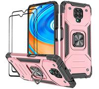 KANSI Coque Compatible pour Xiaomi Redmi Note 9 Pro/Redmi Note 9S, Verre Trempé [2 Pièces] Housse TPU Silicone Rotation 360° Aimant Anneau Support Double Défense Protection Etui - Or Rose