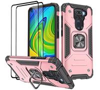 KANSi Coque Compatible pour Xiaomi Redmi Note 9, Verre Trempé [2 Pièces] Housse TPU Silicone Rotation 360° Aimant Anneau Support Double Défense Protection Etui pour Redmi Note 9 - Or Rose