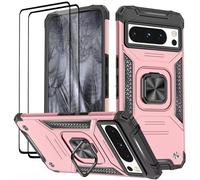 KANSi Coque pour Google Pixel 8 Pro, Verre Trempé [2 Pièces] + Housse TPU Silicone Rotation 360° Aimant Anneau Support Double Défense Protection Etui - Or Rose