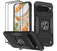 KANSi Coque pour Google Pixel 9 / Pixel 9 Pro, Verre Trempé [2 Pièces] + Housse TPU Silicone Rotation 360° Aimant Anneau Support Double Défense Protection Etui - Noir