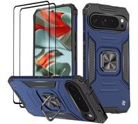 KANSi Coque pour Google Pixel 9 Pro XL, Verre Trempé [2 Pièces] + Housse TPU Silicone Rotation 360° Aimant Anneau Support Double Défense Protection Etui - Bleu