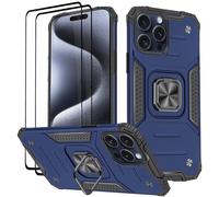 KANSi Coque pour iPhone 15 Pro Max, Verre Trempé [2 Pièces] + Housse TPU Silicone Rotation 360° Aimant Anneau Support Double Défense Protection Etui - Bleu