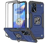 KANSi Coque pour Oppo A16 / A16S / A54S, Verre Trempé [2 Pièces] + Housse TPU Silicone Rotation 360° Aimant Anneau Support Double Défense Protection Etui - Bleu