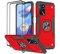 KANSi Coque pour Oppo A16 / A16S / A54S, Verre Trempé [2 Pièces] + Housse TPU Silicone Rotation 360° Aimant Anneau Support Double Défense Protection Etui - Rouge