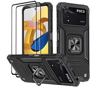 KANSi Coque pour Xiaomi POCO M4 Pro 4G (6.43"), Verre Trempé [2 Pièces] + Housse TPU Silicone Rotation 360° Aimant Anneau Support Double Défense Protection Etui - Noir