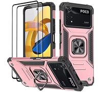 KANSi Coque pour Xiaomi POCO M4 Pro 4G (6.43"), Verre Trempé [2 Pièces] + Housse TPU Silicone Rotation 360° Aimant Anneau Support Double Défense Protection Etui - Or Rose