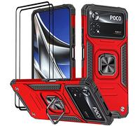 KANSi Coque pour Xiaomi POCO X4 Pro 5G, Verre Trempé [2 Pièces] + Housse TPU Silicone Rotation 360° Aimant Anneau Support Double Défense Protection Etui - Rouge