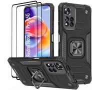 KANSi Coque pour Xiaomi Redmi Note 11 Pro Plus/Redmi Note 11 Pro+, Verre Trempé [2 Pièces] + Housse TPU Silicone Rotation 360° Aimant Anneau Support Double Défense Protection Etui - Noir