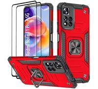 KANSi Coque pour Xiaomi Redmi Note 11 Pro Plus/Redmi Note 11 Pro+, Verre Trempé [2 Pièces] + Housse TPU Silicone Rotation 360° Aimant Anneau Support Double Défense Protection Etui - Rouge