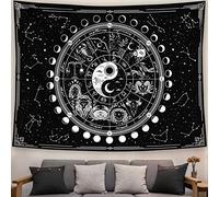 Kanuyee Tapisserie murale mystique avec douze constellations, noir et blanc, soleil et lune, Yin et Yang pour décoration d'intérieur (152,4 x 203,2 cm)