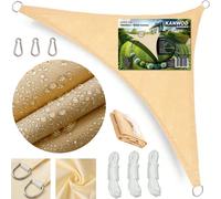 Kanwod 4x4x4m Voile d'ombrage triangulaire imperméable, store à corde pour balcon et terrasse, protection UV, avec cordes de fixation, beige