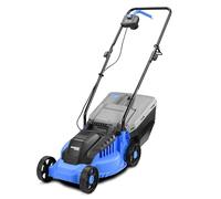 KANWOD Tondeuse à Gazon électrique 1200 W, Largeur de Coupe 34 cm, Bac Ramassage 30 L, Hauteur de Coupe Réglable sur 3 Niveaux de 30 à 70 mm, Idéal pour pelouse jusqu'à 500 m², Gris/Bleu