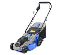 KANWOD Tondeuse à Gazon électrique, 1600 W, 38 cm Largeur de Coupe, Hauteur de Coupe réglable sur 5 Niveaux sur 30 à 75 cm, Bac ramassage 42 L, Idéal pour pelouse jusqu'à 1000 m², Gris/Bleu