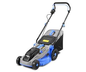 KANWOD Tondeuse à Gazon électrique, 1600 W, 38 cm Largeur de Coupe, Hauteur de Coupe réglable sur 5 Niveaux sur 30 à 75 cm, Bac ramassage 42 L, Idéal pour pelouse jusqu'à 1000 m², Gris/Bleu