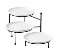 Kanwone Support de service à 3 niveaux avec assiettes en porcelaine blanche, support pivotant pour aliments, plateaux de service de 25,4 x 25,4 cm avec support en métal noir pour divertissement,