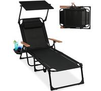 KaO0YaN Chaise de Jardin Pliable avec Dossier réglable, Oreiller, Chaise Longue avec Toit, Porte-gobelet pour Le Jardin, Charge maximale : 150 kg (Noir avec Pare-Soleil)