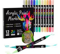 Kaojl-Feutre Acrylique 24 Couleurs 12 Pièces,Marqueur Peinture Acrylique Double Pointe,Marqueur Acrylique Pour Peinture Rupestre,Bricolage,Céramique,Verre,Toile,Bois,Textile