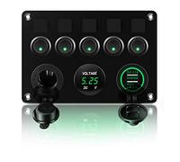 KAOLALI 5 Gang Panneau de Interrupteur, Interrupteur à Bascule Panneau Bateau Tableau Électrique 12V/24V Camping Car Camion Remorque Interrupteur Etanche Double USB (Vert)