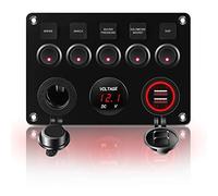 KAOLALI 5 Gang Panneau de Interrupteur, Interrupteur à Bascule Panneau Tableau Électrique 12V/24V Camping Car Bateau Camion Remorque Interrupteur Etanche Double USB (Rouge)