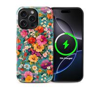 Kapadiy Coque magnétique pour iPhone 15 Pro, compatible avec MagSafe - Motif jardin de fleurs colorées - Double protection hybride en silicone + coque intégrale antichoc en polycarbonate rigide pour
