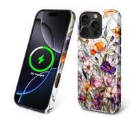 Kapadiy Coque magnétique pour iPhone 16 Pro, motif floral botanique, mosaïque de fleurs sauvages, compatible avec MagSafe hybride double protection en silicone + coque de protection antichoc et