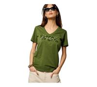 Kaporal, Tee Shirt Manches Courtes, pour Femme, 95% Coton_Bio - 5% Elasthanne, Coupe Fitted, Col Rond, Couleur Khaki, Taille XS