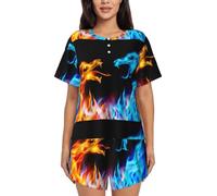 KAPPTYY Ensemble de pyjama à manches courtes pour femme imprimé dragons de glace et de feu avec bouton sur le devant et short à cordon de serrage, vêtement d'été respirant pour dormir, sorties