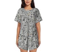 KAPPTYY Ensemble de pyjama à manches courtes pour femme imprimé journal avec bouton sur le devant et short à cordon de serrage, vêtement d'été respirant pour dormir, sorties décontractées, Noir , XXL