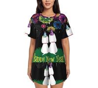 KAPPTYY Ensemble de pyjama imprimé Happy Year à manches courtes pour femme avec bouton sur le devant et short à cordon de serrage, vêtement d'été respirant pour dormir, sorties décontractées, Noir